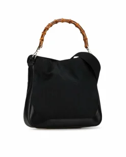 Shoulder Bags*Gucci Preloved GG Supreme Canvas Bamboo Handle Shoulder Bag Black