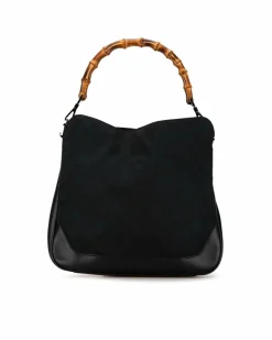 Shoulder Bags*Gucci Preloved GG Supreme Canvas Bamboo Handle Shoulder Bag Black