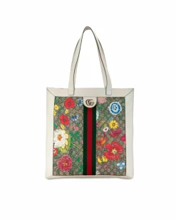 Tote Bags*Gucci Preloved GG Supreme Flora Ophidia Tote with Leather Trim White