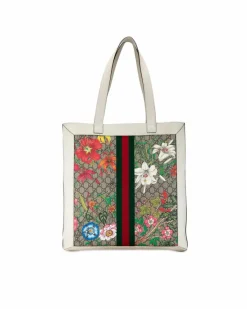 Tote Bags*Gucci Preloved GG Supreme Flora Ophidia Tote with Leather Trim White