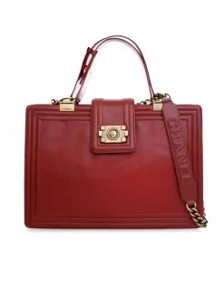 Shoulder Bags*Chanel Preloved Glazed Calfskin Reverso Satchel with Chain Link Shoulder Red
