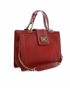 Shoulder Bags*Chanel Preloved Glazed Calfskin Reverso Satchel with Chain Link Shoulder Red