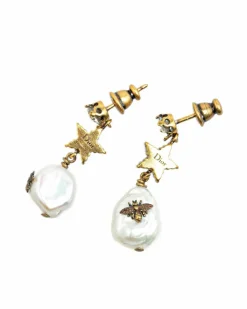 Earrings*Dior Preloved Plated Crystal Star Bee Faux Pearl Drop Earrings Gold