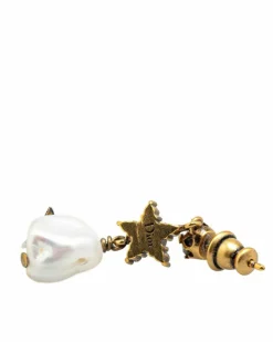 Earrings*Dior Preloved Plated Crystal Star Bee Faux Pearl Drop Earrings Gold