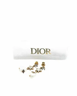 Earrings*Dior Preloved Plated Crystal Star Bee Faux Pearl Drop Earrings Gold