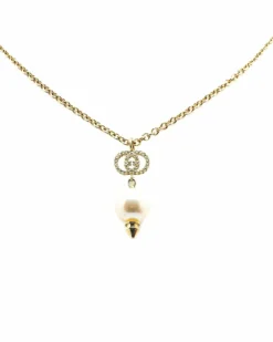 Necklaces*Gucci Preloved Plated Faux Pearl Drop Pendant Necklace Gold