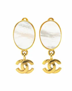 Earrings*Chanel Preloved Plated Oval Mother of Pearl Drop Clip On Earrings Gold