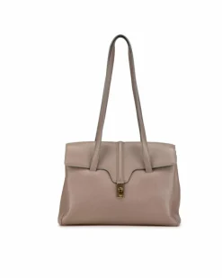 Shoulder Bags*Celine Preloved Grained Calfskin Soft Shoulder Bag with Turn-Lock Closure Brown