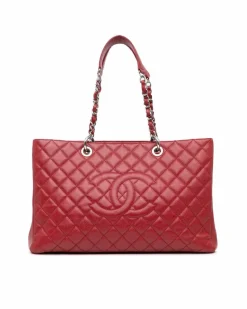 Tote Bags*Chanel Preloved Grand Shopping Tote with Caviar Leather and Curb Chain Red