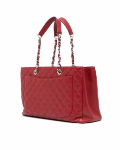 Tote Bags*Chanel Preloved Grand Shopping Tote with Caviar Leather and Curb Chain Red