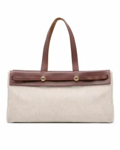 Tote Bags*Hermes Preloved Herbag Cabas Canvas Tote with Leather Straps and Brown