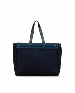 Tote Bags*Hermes Preloved Herbag Cabas Tote Bag with Leather Details and Magnetic Blue