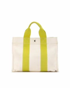 Tote Bags*Hermes Preloved Herms Canvas Tote Bag with Lime Green Straps White