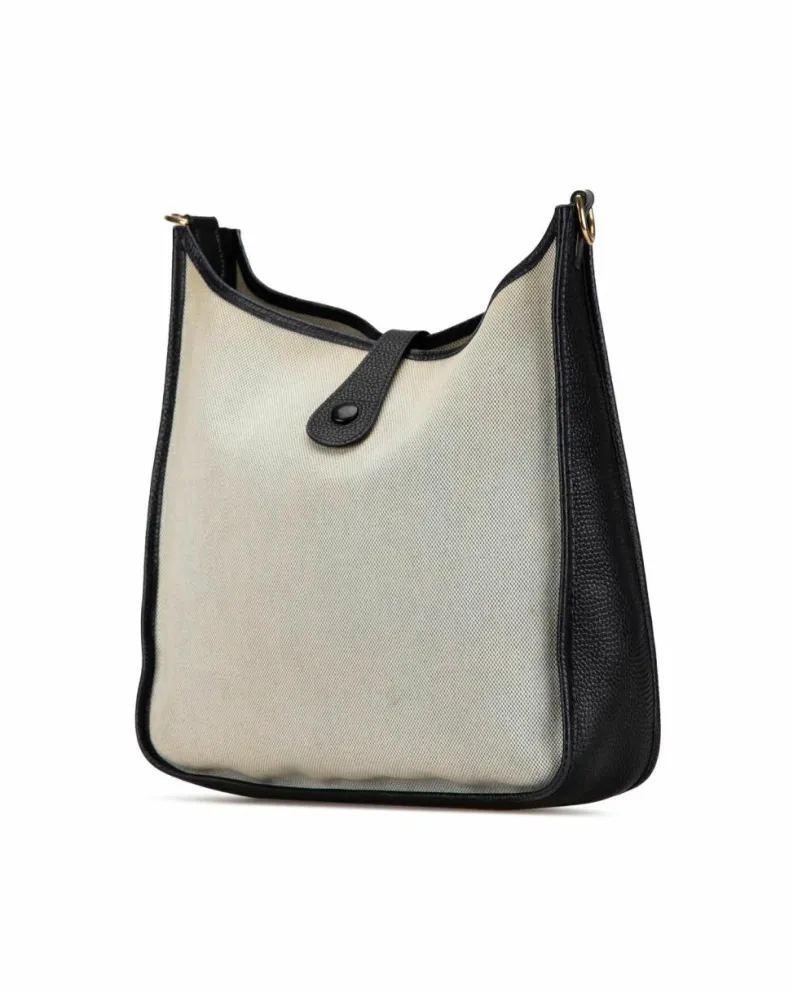 Cross-Body Bags*Hermes Preloved Hobo Bag - Beige Canvas and Black Leather Crossbody Bag Brown