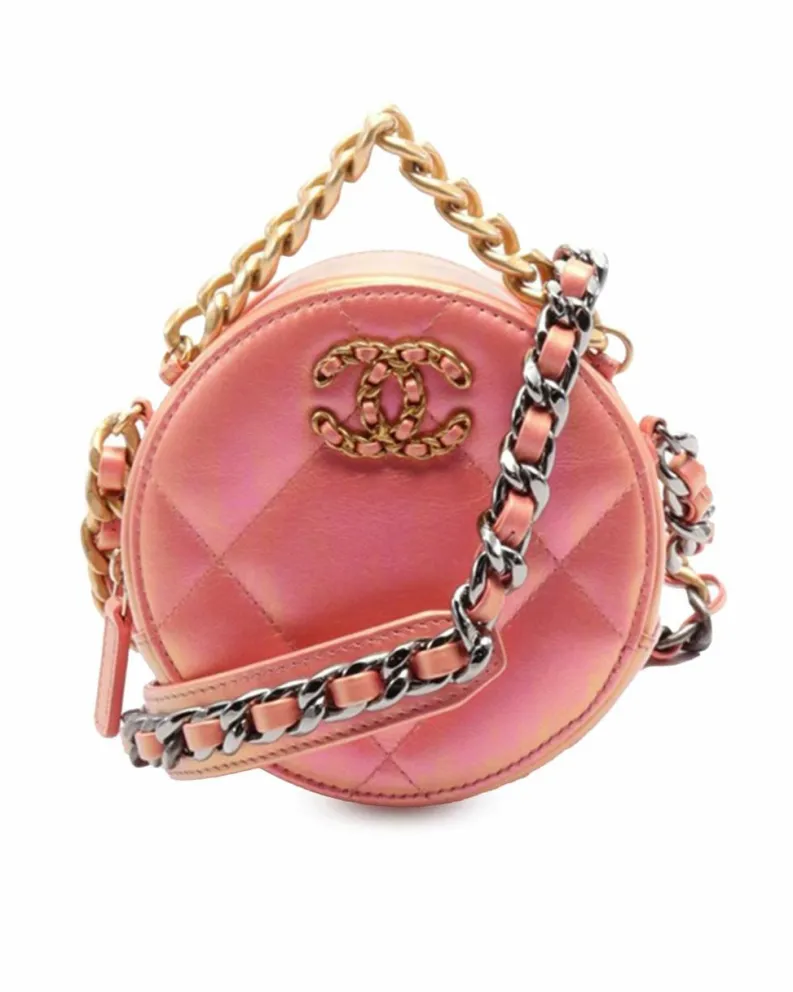 Clutch Bags*Chanel Preloved Iridescent Lambskin Leather Round Clutch with Chain Strap Pink