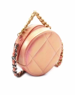 Clutch Bags*Chanel Preloved Iridescent Lambskin Leather Round Clutch with Chain Strap Pink