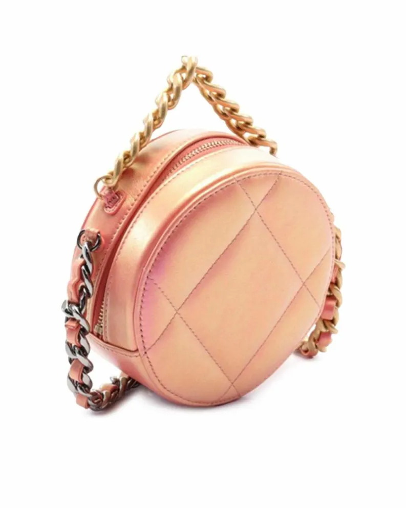 Clutch Bags*Chanel Preloved Iridescent Lambskin Leather Round Clutch with Chain Strap Pink