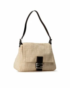 Shoulder Bags*Fendi Preloved 2Jours Beige Canvas Shoulder Bag Brown