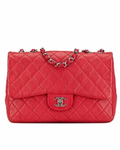 Shoulder Bags*Chanel Preloved Jumbo Classic Caviar Leather Single Flap Shoulder Bag Red
