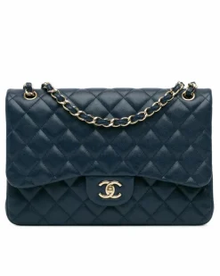 Shoulder Bags*Chanel Preloved Jumbo Classic Quilted Leather Double Flap Shoulder Bag Blue