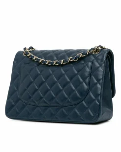 Shoulder Bags*Chanel Preloved Jumbo Classic Quilted Leather Double Flap Shoulder Bag Blue