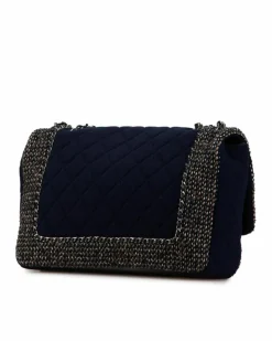 Shoulder Bags*Chanel Preloved Jumbo Quilted Jersey and Tweed Chain Flap Shoulder Bag with Blue