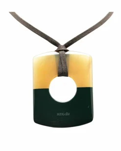 Necklaces*Hermes Preloved Lacquered Buffalo Horn Pendant Necklace with Cotton Cord Brown