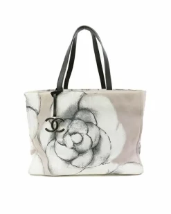 Tote Bags*Chanel Preloved Large Camellia Printed Canvas Shopper Tote with Leather Grey