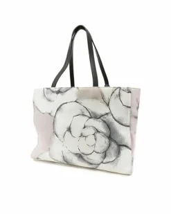 Tote Bags*Chanel Preloved Large Camellia Printed Canvas Shopper Tote with Leather Grey