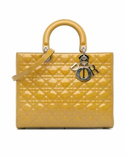 Shoulder Bags*Dior Preloved Large Patent Cannage Leather Handbag with Detachable Shoulder Yellow