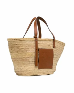 Tote Bags*LOEWE Preloved Large Raffia Basket Tote Bag with Leather Straps Brown
