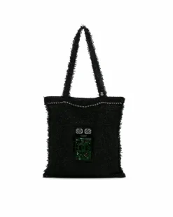 Tote Bags*Chanel Preloved Large Resin Embellished Tweed Robot Shopping Tote with Black
