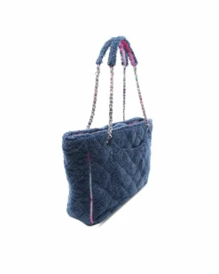 Tote Bags*Chanel Preloved Large Terry and Ribbon Shopping Tote with Leather Woven Chain Blue