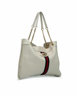 Tote Bags*Gucci Preloved Large Web Leather Tote with Gold-Tone Tiger Head Detail White