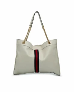 Tote Bags*Gucci Preloved Large Web Leather Tote with Gold-Tone Tiger Head Detail White