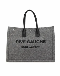 Tote Bags*Saint Laurent Preloved Large Wool Tote with Leather Trim and Snap Button Closures Grey