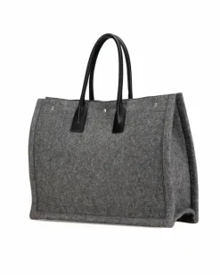 Tote Bags*Saint Laurent Preloved Large Wool Tote with Leather Trim and Snap Button Closures Grey