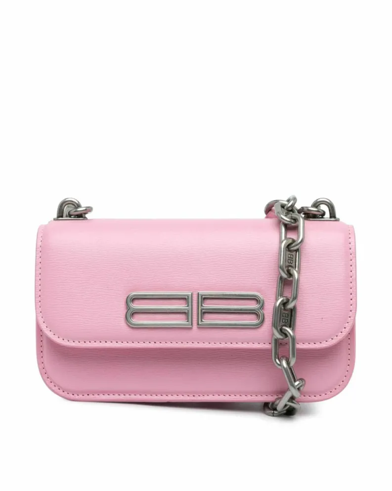 Shoulder Bags*Balenciaga Preloved Leather Gossip Chain Bag with Silver Tone Shoulder Strap Pink
