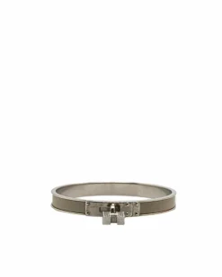 Bracelets*Hermes Preloved Leather Lock Bangle Bracelet with Silver-Plated Metal Grey