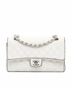 Shoulder Bags*Chanel Preloved Medium Classic Printed Grosgrain Double Flap Shoulder Bag White