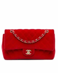 Shoulder Bags*Chanel Preloved Medium Classic Velvet Double Flap Shoulder Bag with Quilted Red