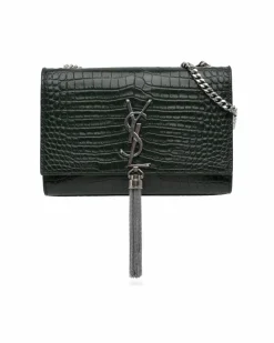 Shoulder Bags*Saint Laurent Preloved Medium Croc Embossed Leather Tassel Shoulder Bag Green