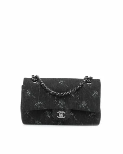 Shoulder Bags*Chanel Preloved Medium Denim Double Flap Shoulder Bag with Woven Chain Straps Black