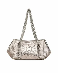 Tote Bags*Chanel Preloved Metallic Calfskin Chain Tote with -Tone Strap Silver