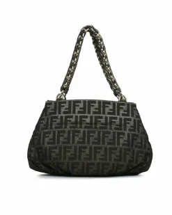 Shoulder Bags*Fendi Preloved Metallic Canvas Shoulder Bag with Leather Chain Straps Brown