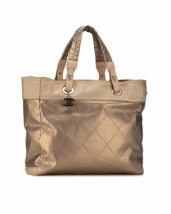 Tote Bags*Chanel Preloved Metallic CC Quilted Tote Bag Gold