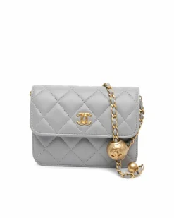 Clutch Bags*Chanel Preloved Mini Lambskin Pearl Crush Quilted Clutch On Chain Grey