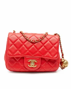 Cross-Body Bags*Chanel Preloved Mini Square Classic Lambskin Pearl Crush Flap Crossbody Bag Red