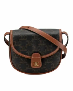 Cross-Body Bags*Celine Preloved Mini Triomphe Coated Canvas Besace Crossbody Bag with Leather Brown