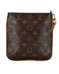 Clutch Bags*Louis Vuitton Preloved Monogram Canvas Clutch Bag with Vachetta Wrist Strap and Flap Brown
